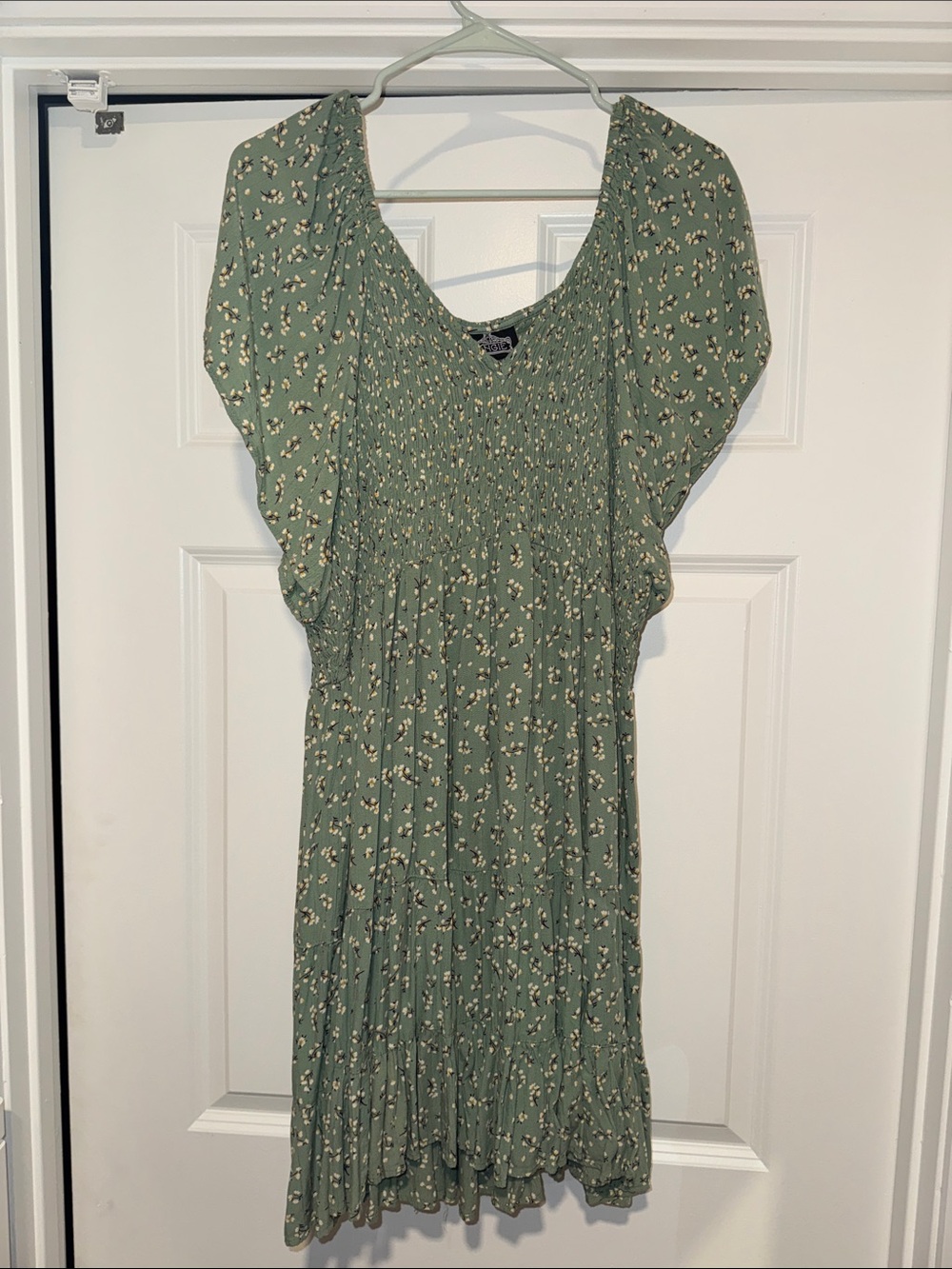 Angie Sage Green Floral Smocked Midi Dress with Flutter Sleeves